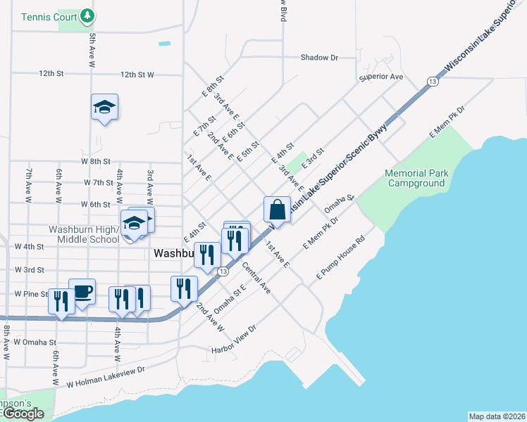 map of restaurants, bars, coffee shops, grocery stores, and more near 221 2nd Avenue East in Washburn