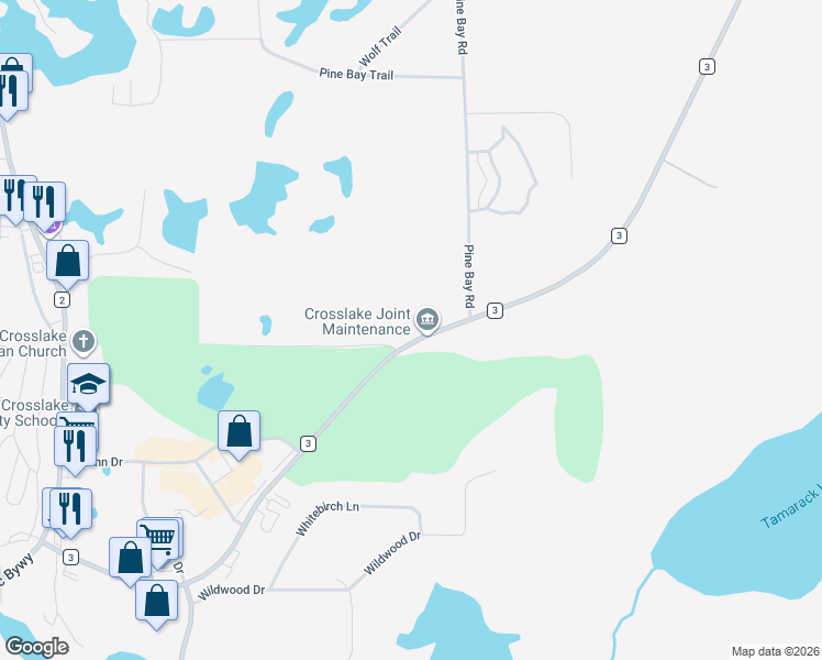 map of restaurants, bars, coffee shops, grocery stores, and more near 36007 County Road 3 in Crosslake