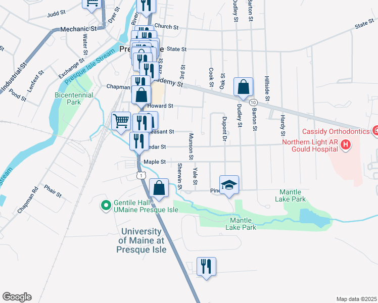 map of restaurants, bars, coffee shops, grocery stores, and more near 37 Cedar Street in Presque Isle