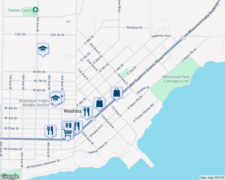 map of restaurants, bars, coffee shops, grocery stores, and more near 221 2nd Avenue East in Washburn