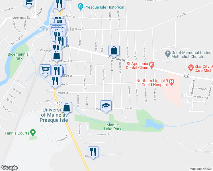 map of restaurants, bars, coffee shops, grocery stores, and more near 63 Dupont Drive in Presque Isle