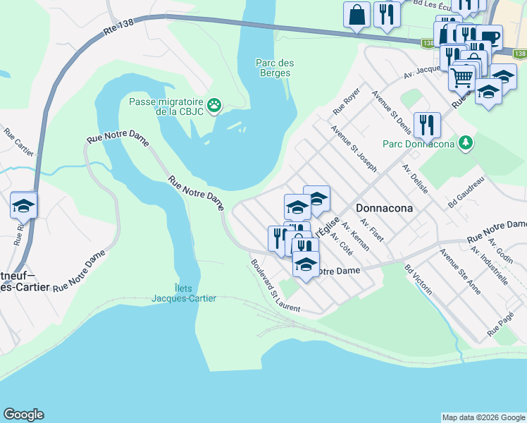 map of restaurants, bars, coffee shops, grocery stores, and more near 340 Avenue Sainte Agnes in Donnacona