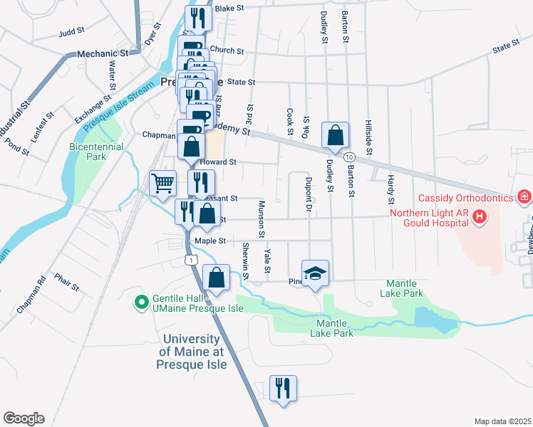 map of restaurants, bars, coffee shops, grocery stores, and more near 37 Cedar Street in Presque Isle