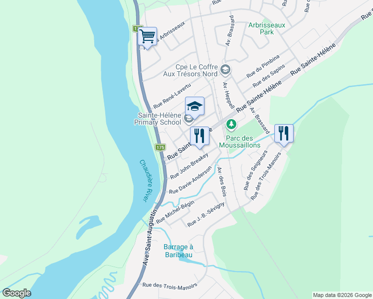 map of restaurants, bars, coffee shops, grocery stores, and more near 2500 Rue Sainte-Hélène in Lévis