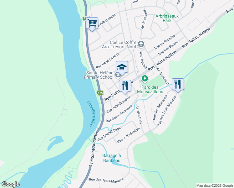 map of restaurants, bars, coffee shops, grocery stores, and more near 2500 Rue Sainte-Hélène in Lévis