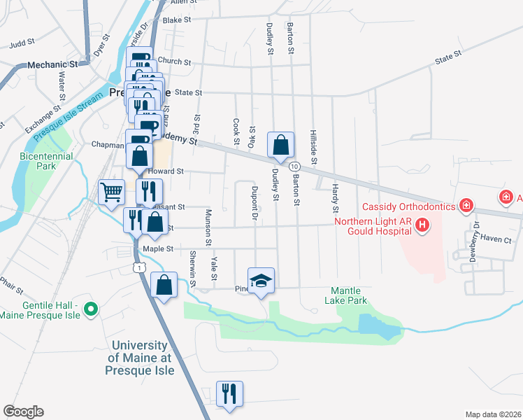 map of restaurants, bars, coffee shops, grocery stores, and more near 63 Dupont Drive in Presque Isle