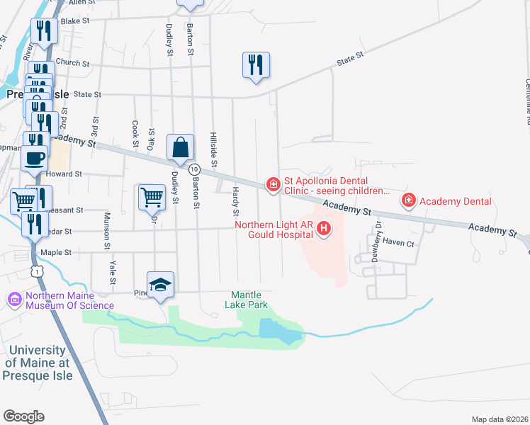 map of restaurants, bars, coffee shops, grocery stores, and more near 118 Academy Street in Presque Isle