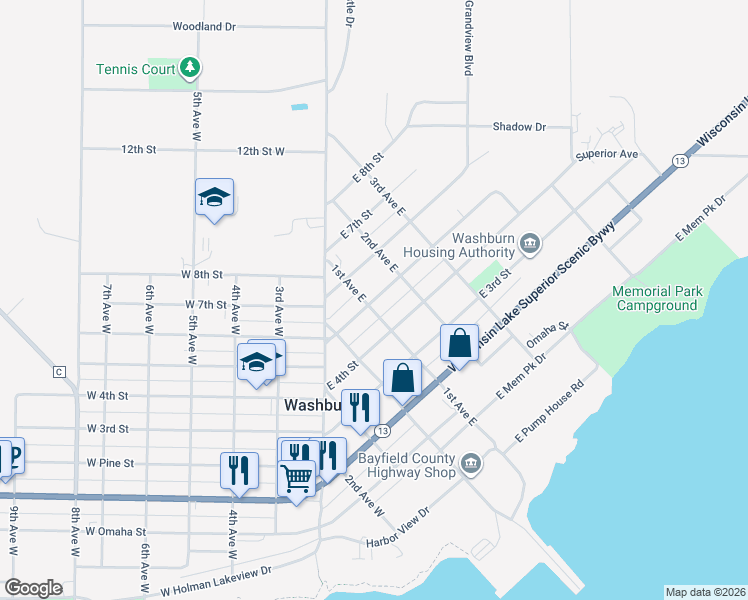 map of restaurants, bars, coffee shops, grocery stores, and more near 117 East 5th Street in Washburn
