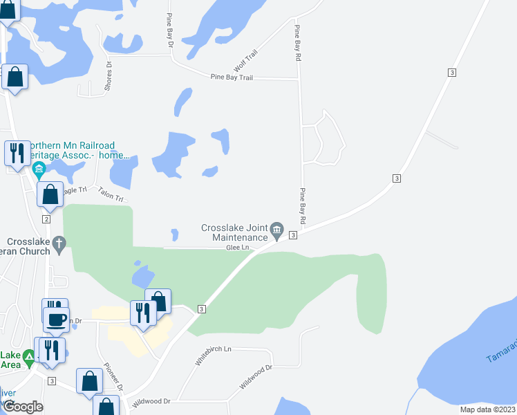 map of restaurants, bars, coffee shops, grocery stores, and more near 36007 County Road 3 in Crosslake