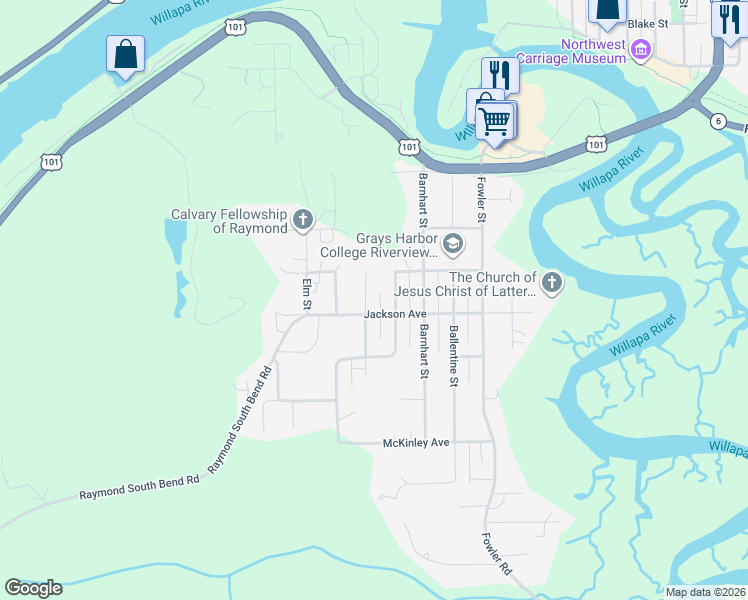 map of restaurants, bars, coffee shops, grocery stores, and more near 711 Peters Street in Raymond