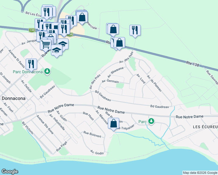 map of restaurants, bars, coffee shops, grocery stores, and more near 684 Rue Marcotte in Donnacona