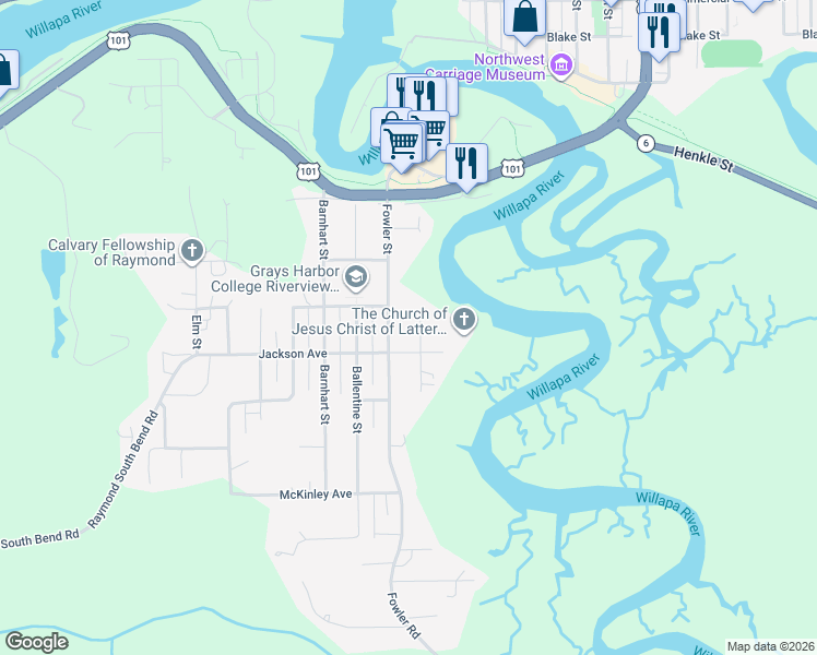map of restaurants, bars, coffee shops, grocery stores, and more near 712 May Street in Raymond
