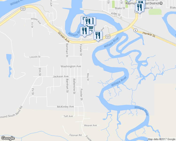 map of restaurants, bars, coffee shops, grocery stores, and more near 712 May Street in Raymond