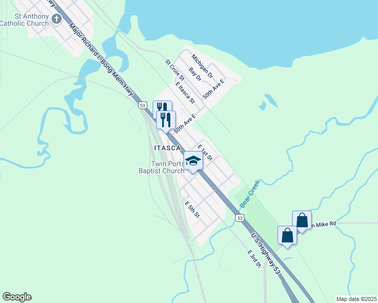 map of restaurants, bars, coffee shops, grocery stores, and more near 51st Avenue East in Superior