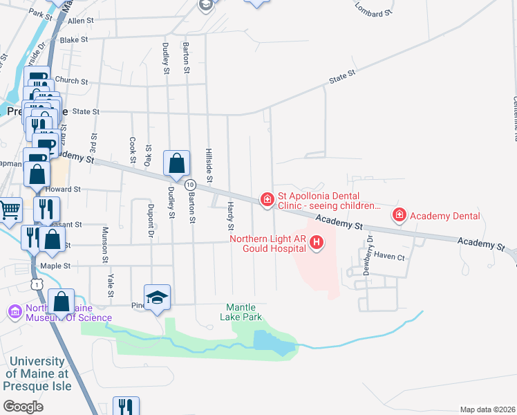 map of restaurants, bars, coffee shops, grocery stores, and more near 118 Academy Street in Presque Isle