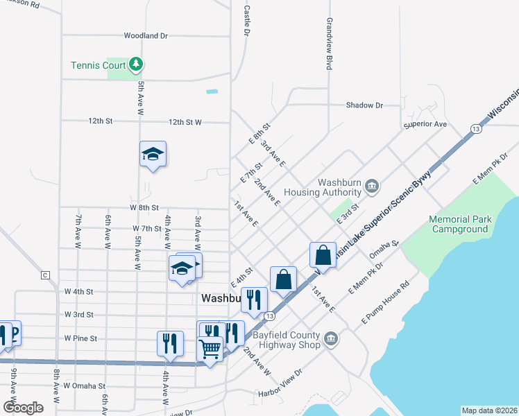 map of restaurants, bars, coffee shops, grocery stores, and more near 117 East 5th Street in Washburn