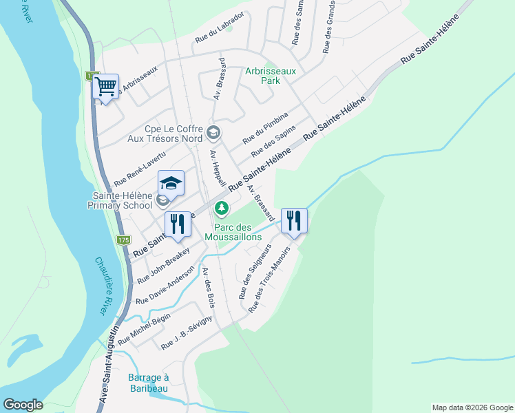 map of restaurants, bars, coffee shops, grocery stores, and more near 3469 Avenue Brassard in Lévis