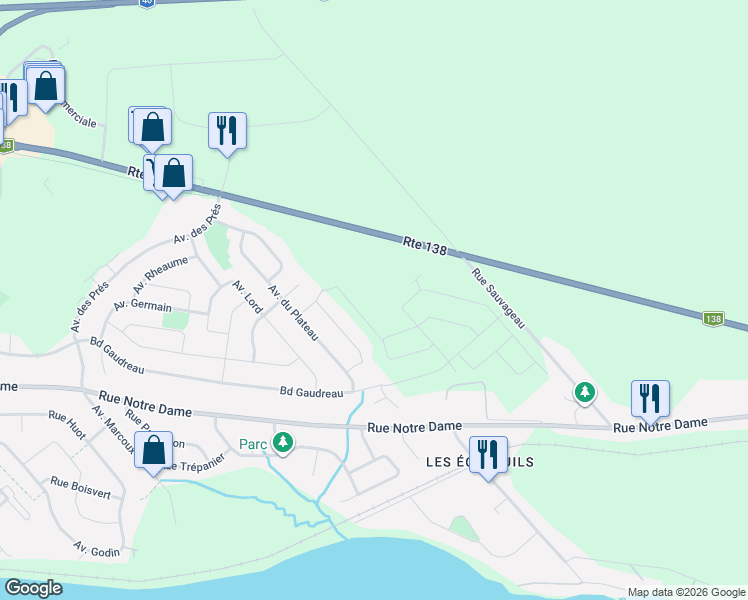 map of restaurants, bars, coffee shops, grocery stores, and more near 1494 Rue Lefebvre in Donnacona