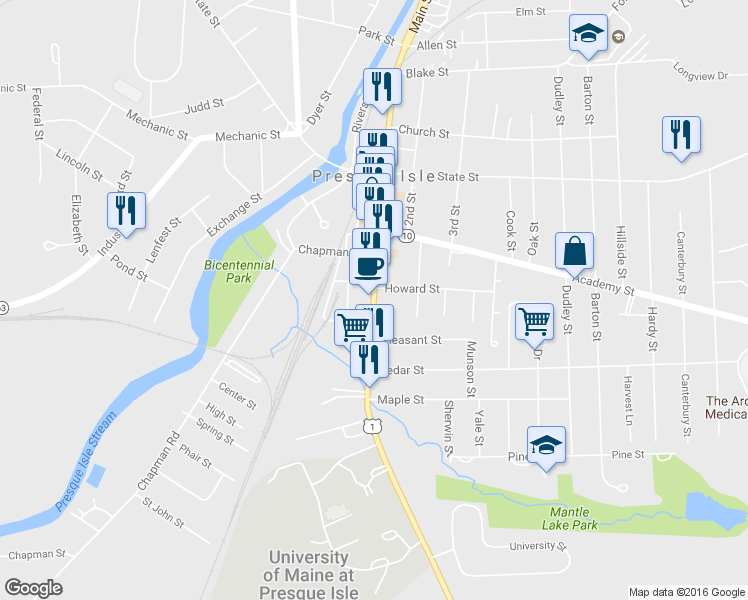 map of restaurants, bars, coffee shops, grocery stores, and more near 283 Main St in Presque Isle