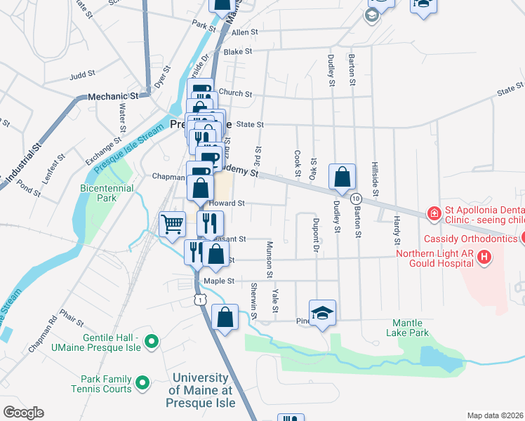 map of restaurants, bars, coffee shops, grocery stores, and more near 7 Montgomery Street in Presque Isle