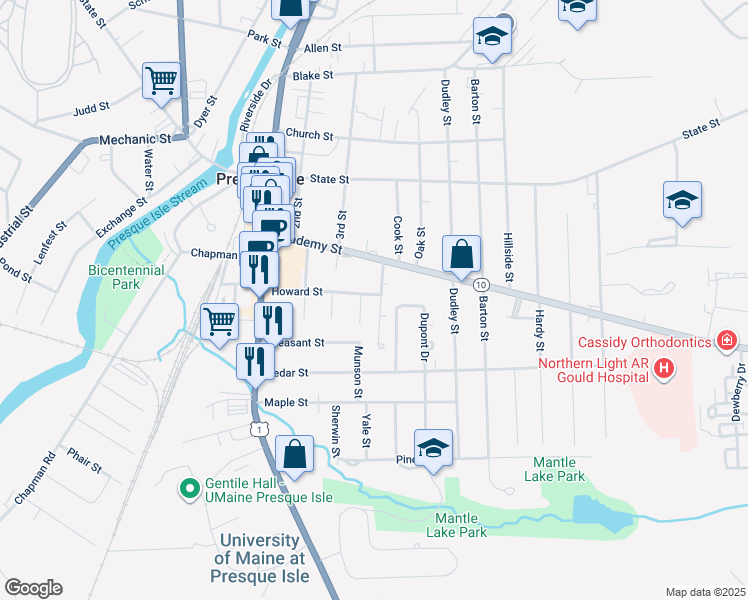 map of restaurants, bars, coffee shops, grocery stores, and more near 7 Montgomery Street in Presque Isle