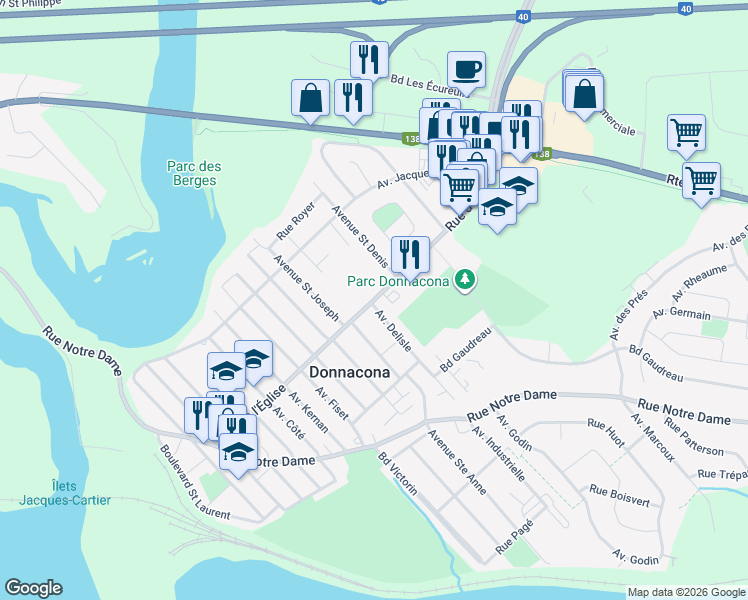 map of restaurants, bars, coffee shops, grocery stores, and more near 222 Rue de l'Église in Donnacona