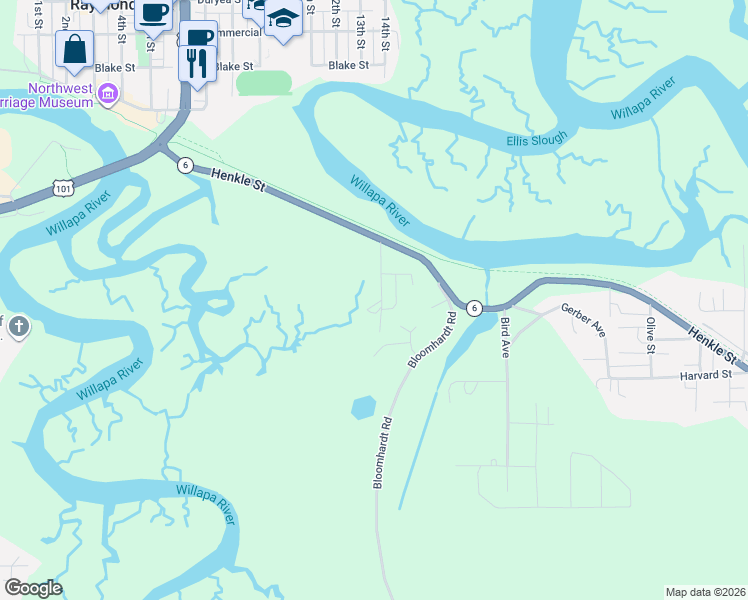 map of restaurants, bars, coffee shops, grocery stores, and more near 608 Cherry Street in Raymond