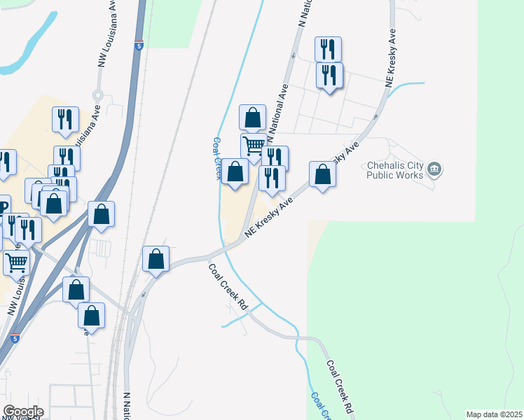 map of restaurants, bars, coffee shops, grocery stores, and more near 1740 North National Avenue in Chehalis