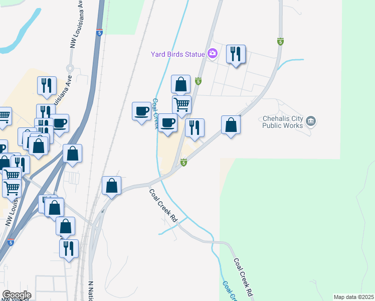 map of restaurants, bars, coffee shops, grocery stores, and more near 1740 North National Avenue in Chehalis
