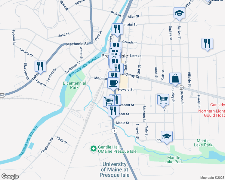 map of restaurants, bars, coffee shops, grocery stores, and more near 331 Main Street in Presque Isle
