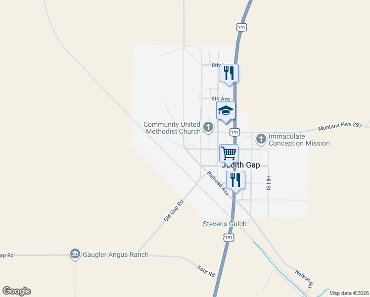 map of restaurants, bars, coffee shops, grocery stores, and more near 300-350 Steele Street in Judith Gap