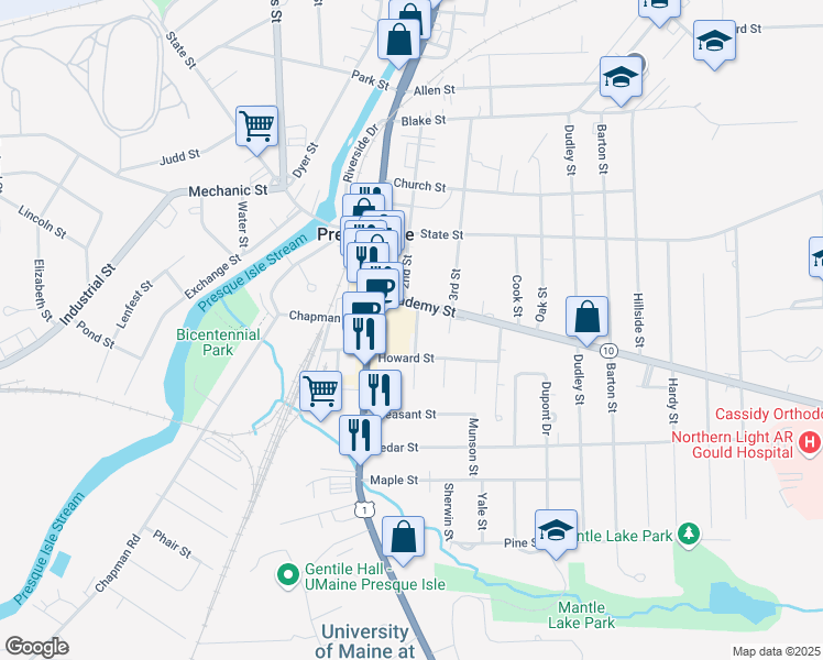 map of restaurants, bars, coffee shops, grocery stores, and more near 8 Epworth Street in Presque Isle