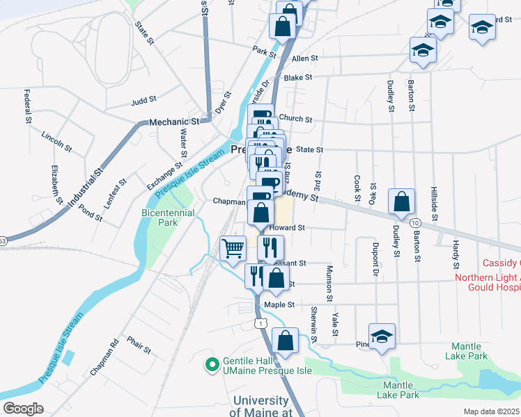 map of restaurants, bars, coffee shops, grocery stores, and more near 331 Main Street in Presque Isle