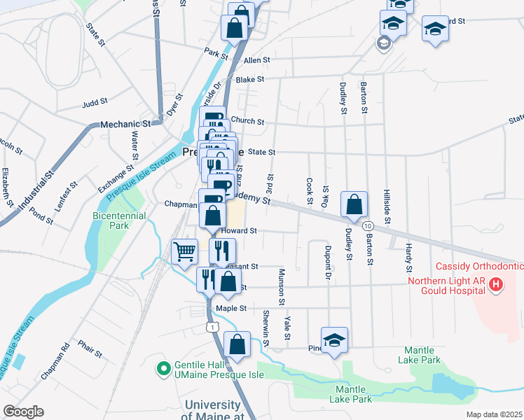 map of restaurants, bars, coffee shops, grocery stores, and more near 24 Academy Street in Presque Isle