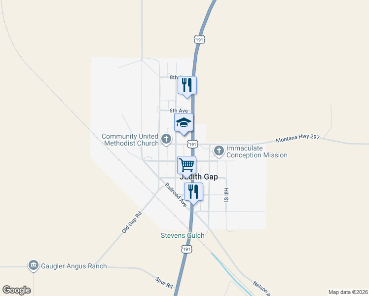 map of restaurants, bars, coffee shops, grocery stores, and more near in Judith Gap
