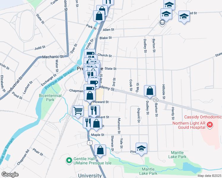 map of restaurants, bars, coffee shops, grocery stores, and more near 24 Academy Street in Presque Isle