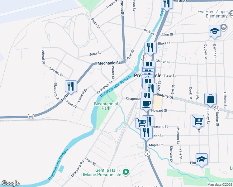 map of restaurants, bars, coffee shops, grocery stores, and more near 36 Riverside Drive in Presque Isle