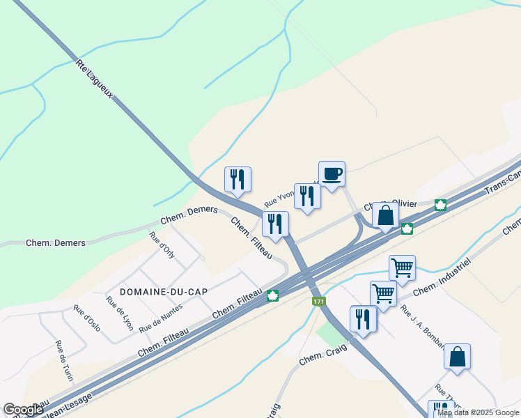 map of restaurants, bars, coffee shops, grocery stores, and more near Rue Yvon-Beaudoin in Levis