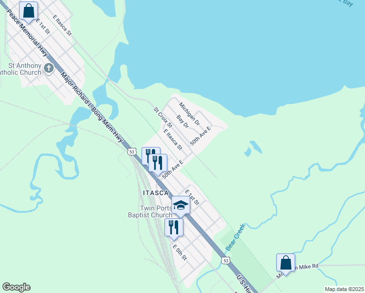 map of restaurants, bars, coffee shops, grocery stores, and more near 4928 East Itasca Street in Superior