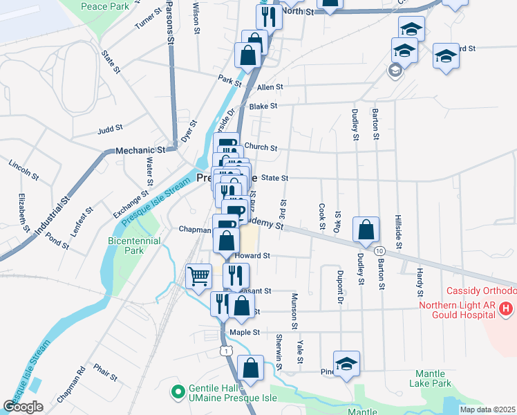 map of restaurants, bars, coffee shops, grocery stores, and more near 52 2nd Street in Presque Isle