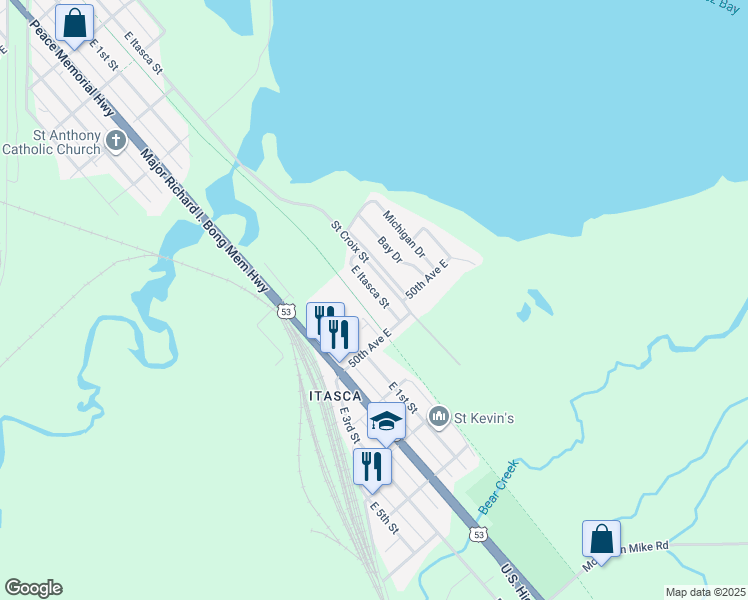 map of restaurants, bars, coffee shops, grocery stores, and more near 4928 East Itasca Street in Superior