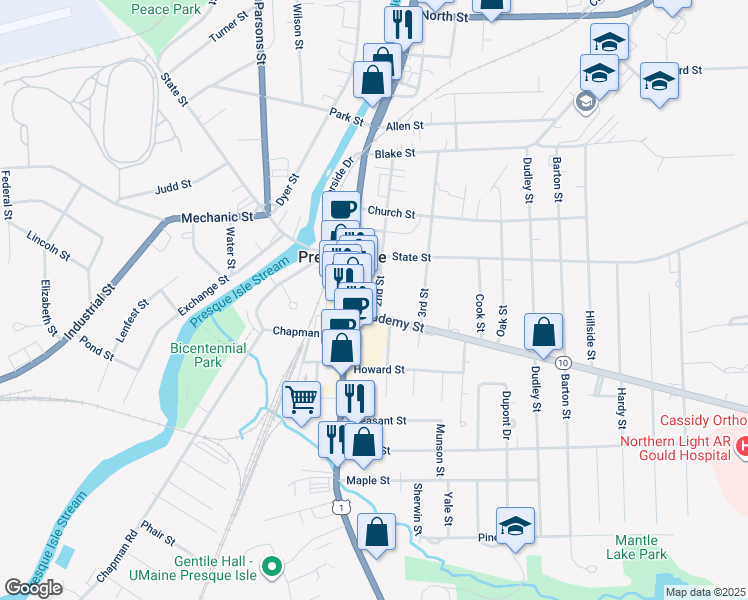 map of restaurants, bars, coffee shops, grocery stores, and more near 52 2nd Street in Presque Isle
