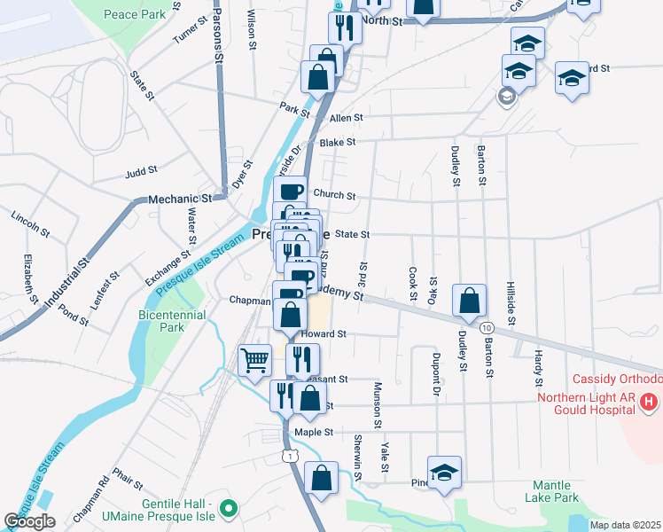 map of restaurants, bars, coffee shops, grocery stores, and more near 52 2nd Street in Presque Isle