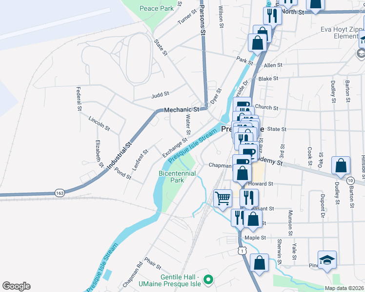 map of restaurants, bars, coffee shops, grocery stores, and more near 36 Riverside Drive in Presque Isle