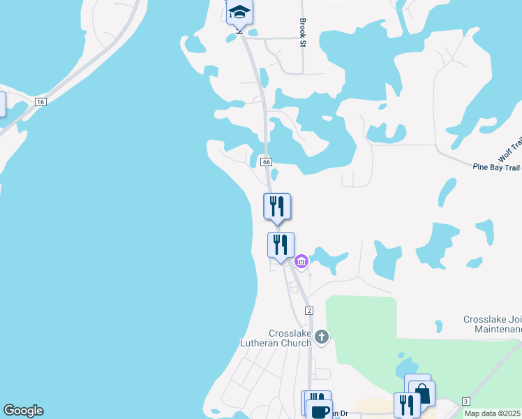 map of restaurants, bars, coffee shops, grocery stores, and more near 36403 County Road 66 in Crosslake