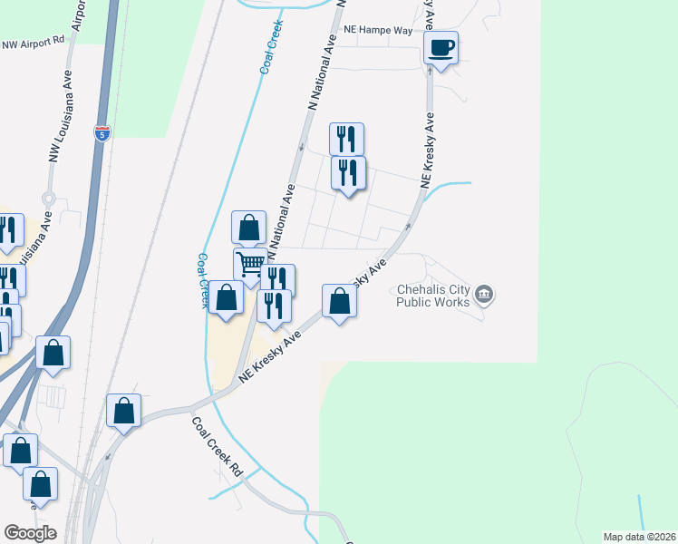 map of restaurants, bars, coffee shops, grocery stores, and more near 1950 Northeast Kresky Avenue in Chehalis