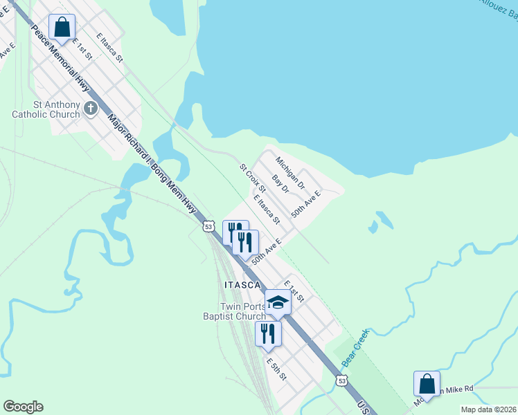 map of restaurants, bars, coffee shops, grocery stores, and more near 4911 East Itasca Street in Superior