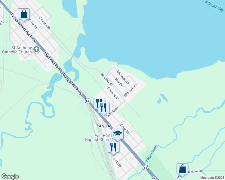 map of restaurants, bars, coffee shops, grocery stores, and more near 4911 East Itasca Street in Superior