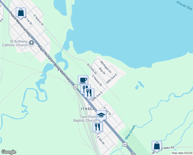 map of restaurants, bars, coffee shops, grocery stores, and more near 4911 East Itasca Street in Superior