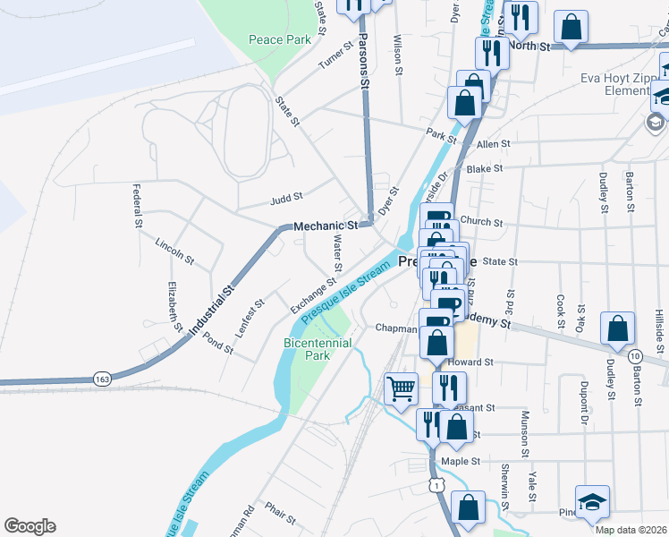 map of restaurants, bars, coffee shops, grocery stores, and more near 12 Water Street in Presque Isle